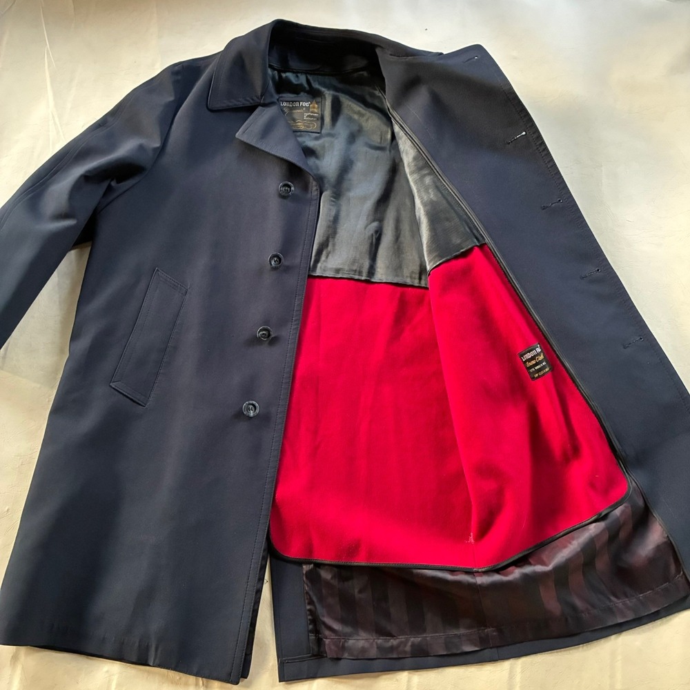 London Fog 70s Navy Trench Coat 44R Red Wool striped Liner Made in USA Imaginit